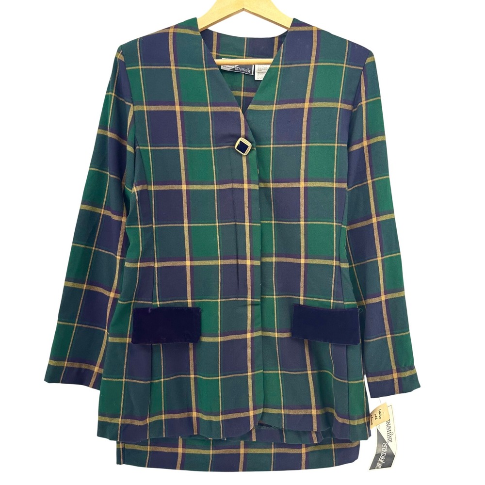 VTG Sunshine Starshine Green Navy Plaid Skirt Suit Blazer Set 8 DEADSTOCK Career